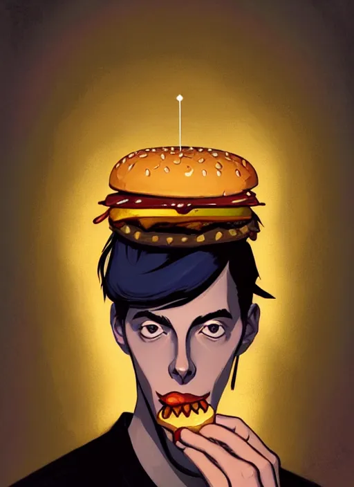 Image similar to portrait of jughead jones, eating a hamburger, wearing a crown, eyes closed, intricate, elegant, glowing lights, highly detailed, digital painting, artstation, concept art, smooth, sharp focus, illustration, art by wlop, mars ravelo and greg rutkowski