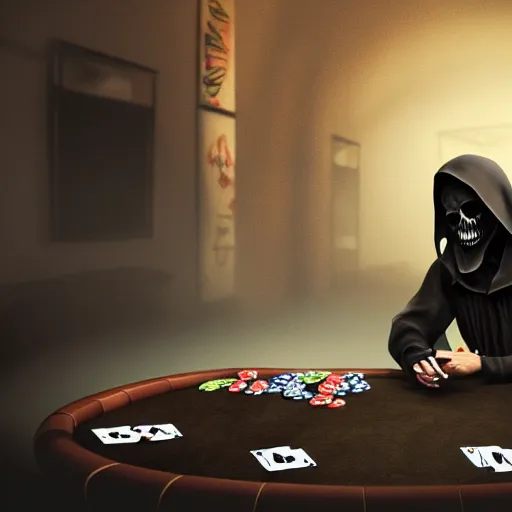 Prompt: a grim reaper playing poker in hell, 8 k, realistic