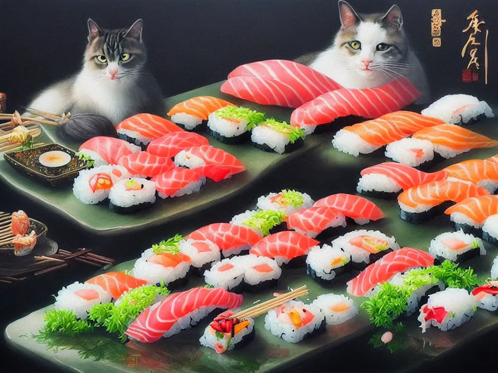 Prompt: a beautiful picture of sushi made with cats, studio picture, realistic illustrative painting, artgerm, visionary arts, huang guangjian