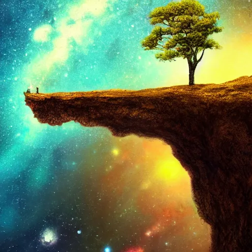 Prompt: a tree on edge of cliff, overlooking space abyss, small tree, cliff edge, looking down, painting, highly detailed, artstation award, milky way galaxy below, edge of the world, ultra realistic, colorful