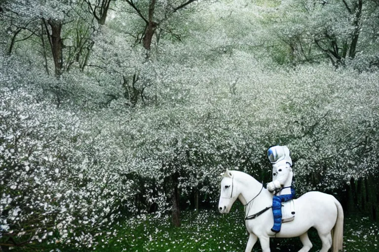 Prompt: an astronaut rode a white horse in a forest of osmanthus, dreamy style