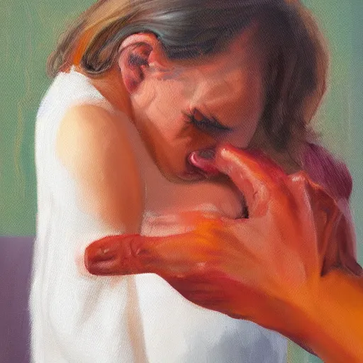 Image similar to Woman in pain after stubbing her toe badly, hurting, oil painting, photorealism