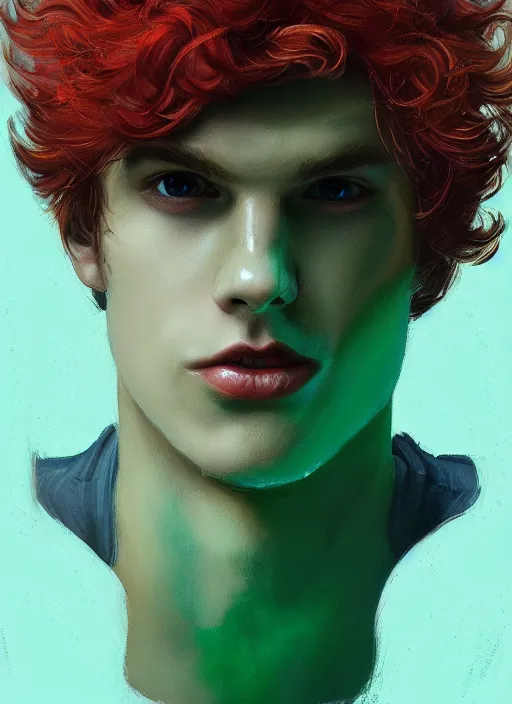 Prompt: portrait of teenage jason blossom, bangs, green eyes, 1 9 8 0 s, mischievous expression, red hair, evil smirk, bangs and curly hair, bangs, intricate, elegant, glowing lights, highly detailed, digital painting, artstation, concept art, smooth, sharp focus, illustration, art by wlop, mars ravelo and greg rutkowski