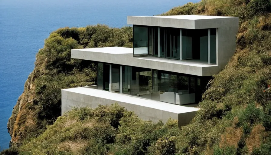 Image similar to modern house perched on a cliff overlooking a magnificient bay, drawing architecture, pritzker architecture prize, greig fraser