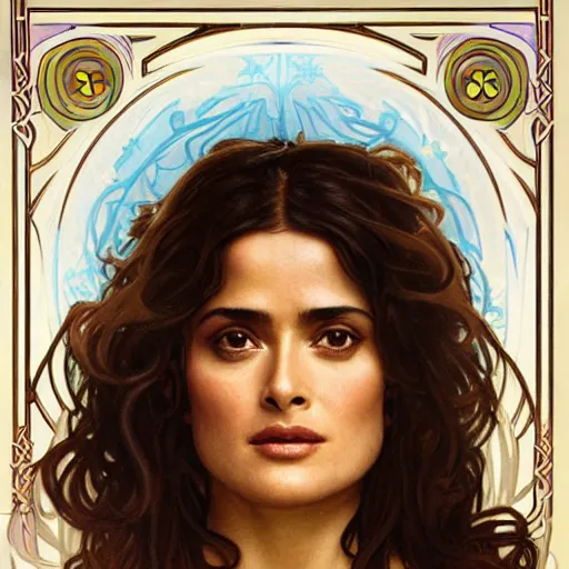 Image similar to salma hayek portrait by alphonse mucha, playful, fantasy, medieval, beautiful face, perfect detailed eyes, vivid colrs, elegant, concept art, sharp focus, digital art, hyper - realistic, 4 k, unreal engine, highly detailed, hd, dramatic lighting by brom, trending on artstation, holy halo