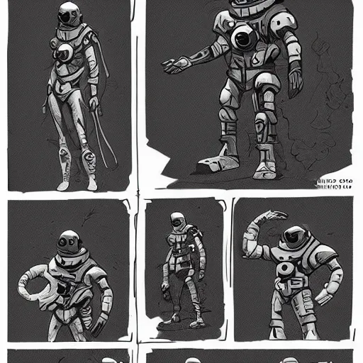 Image similar to character concept art, stylized art, space suit, sci - fi!!!!, mike mignola, trending on artstation