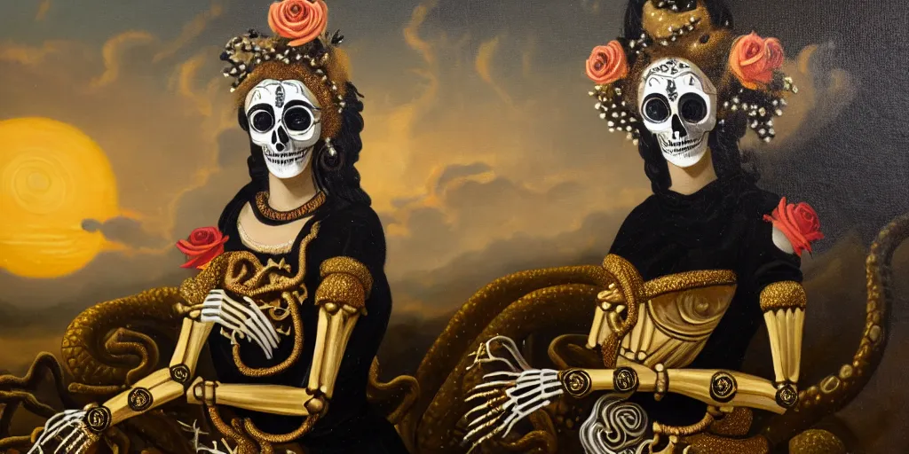 Prompt: antique oil painting of a woman with metalic gold skeleton mask, wearing white and black virgin attire wearing an aureola made of gold, cactus and pearls over the head, holding a rose in a hand, with warm sunset backlight reflecting on a whirlpool of clouds forming acircular background. sunset light. beneath there's a barren land with serpents.