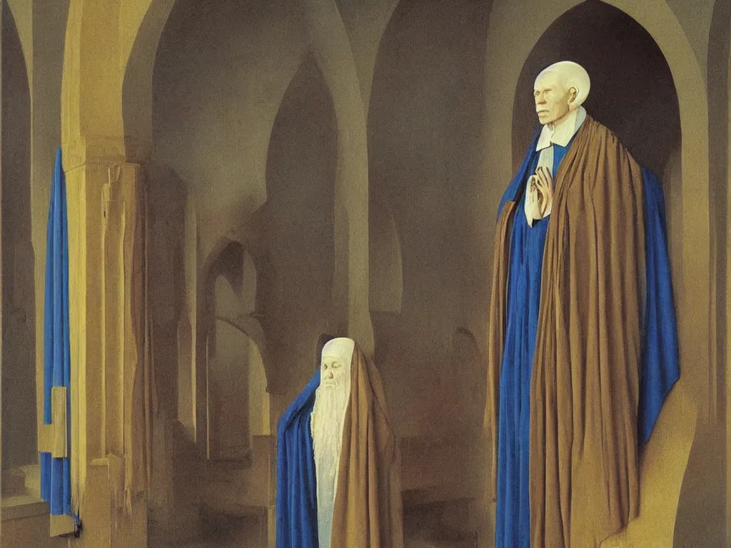 Image similar to Portrait of albino mystic with blue eyes in a mosque. Painting by Jan van Eyck, Audubon, Rene Magritte, Agnes Pelton, Max Ernst, Walton Ford