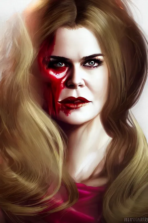 Image similar to mix of beautiful young maria shriver, mariel hemmingway, brooke shields, nicole kidman and elle macpherson as a vampire with mouth open with sharp teeth, thin lips, hair tied up in a pony tail, dark blonde hair, colorful, artstation, cgsociety