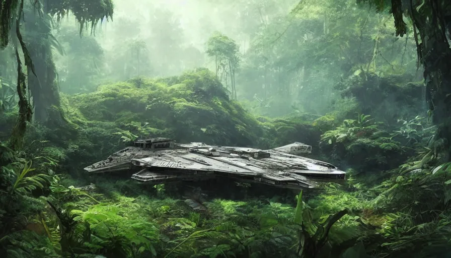 Prompt: a beautiful painting of a crashed millennium falcon in a lush jungle, ray traced lighting by kalin popov and greg rutkowski