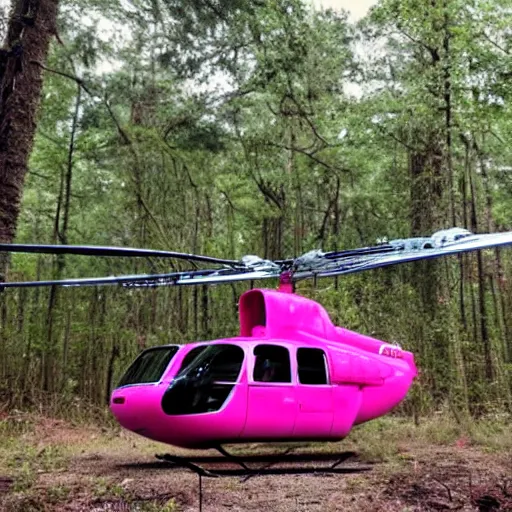 Prompt: a pink helicopter that is landed on a helipad in the middle of the forest, post-apocalyptic setting,