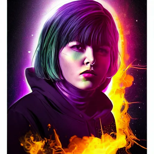 Image similar to poster artwork, sci fi, art type of photo, a female, full body, black hoodie techie, black hair with purple streaks, holding a gun, 8 k