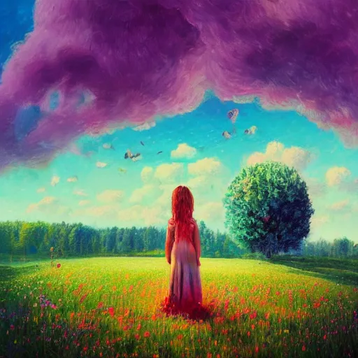 Prompt: girl with singular giant flower as a face, surreal photography, dream, dress flowing into flower field, hills, big trees, sunrise dramatic light, impressionist painting, colorful clouds, digital painting, pointillism, artstation, simon stalenhag