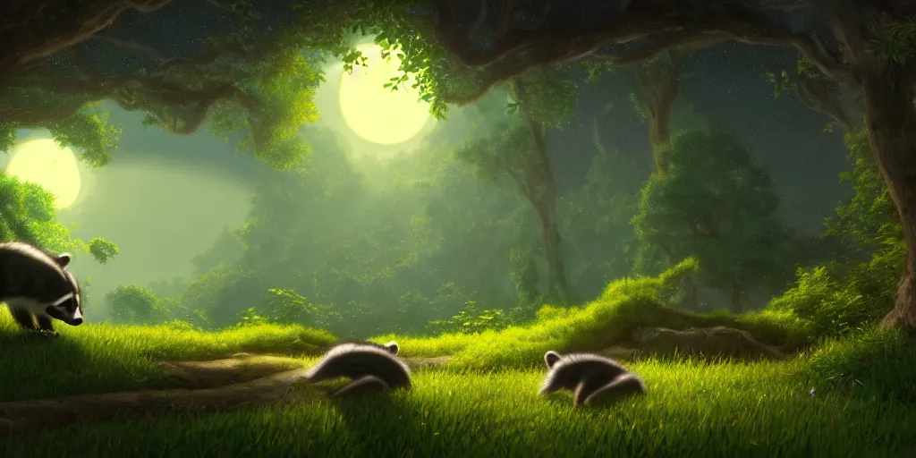 Prompt: raccoon, nature unique attractive, beautifully lit, by studio ghibli and albert bierstadt, 8 k volumetric lights unreal engine trending on art station