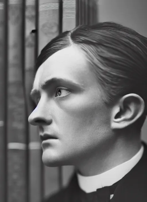 Prompt: close up portrait of a young edwardian politician standing by a bookcase, male, edwardian, formal, detailed face, deep focus, movie still, dramatic lighting, ray tracing, by hendrik kerstens and paolo roversi