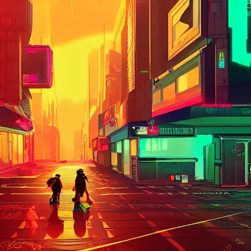 Prompt: Orange tabby cat walks through streets of a cyberpunk city, synthwave, Retrowave, trending on Artstation