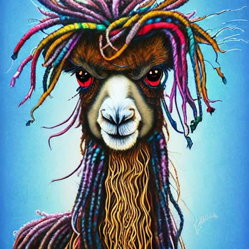 Prompt: llama with dreadlocks, by James Jean, with beautiful colors