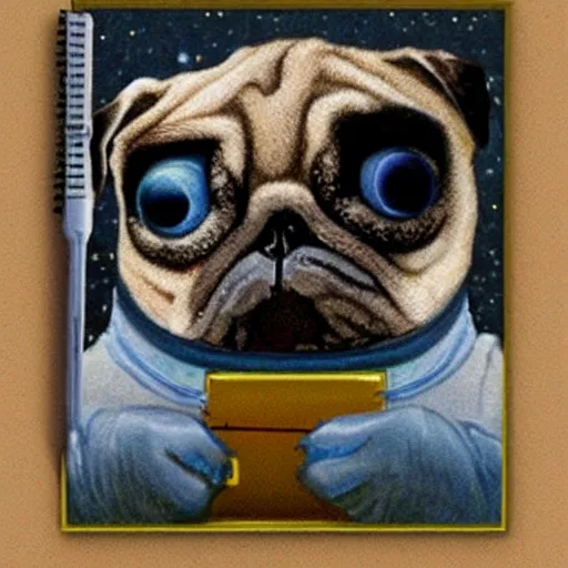 Prompt: gif, high - resolution, pencil art, colorized, extra - detailed, pug astronaut, opening door, in space that leads into the universe