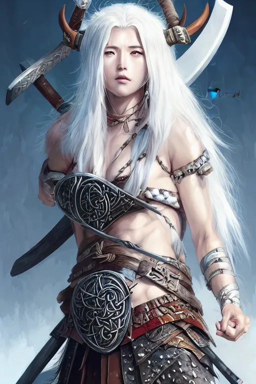 Image similar to A realistic anime portrait of a beautiful white haired female barbarian wearing an intricate viking armor, digital painting, by Stanley Artgerm Lau, Sakimichan, WLOP and Rossdraws, digital painting, painterly, Pixiv, Deviantart, golden ratio, rule of thirds, good composition, HD, 8k, award winning, promo art, splash art, rpg, jrpg, dungeons and dragons, DND, trending on ArtStation