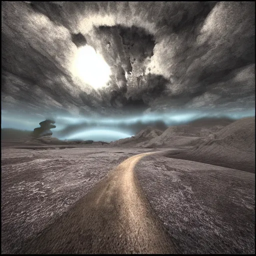 Image similar to 3 d nightmare dream horrifying landscape emulator