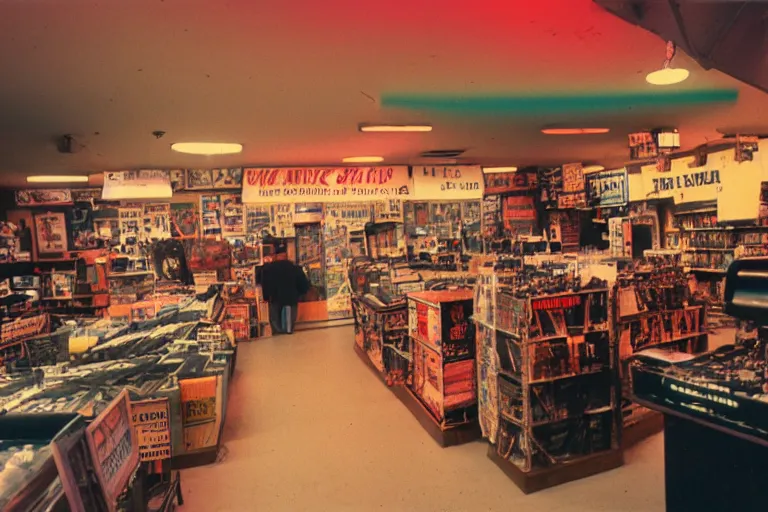 Prompt: Velociraptor shopping, inside of a 1970s music store store, neon lights, dirty, ektachrome photograph, volumetric lighting, f8 aperture, cinematic Eastman 5384 film