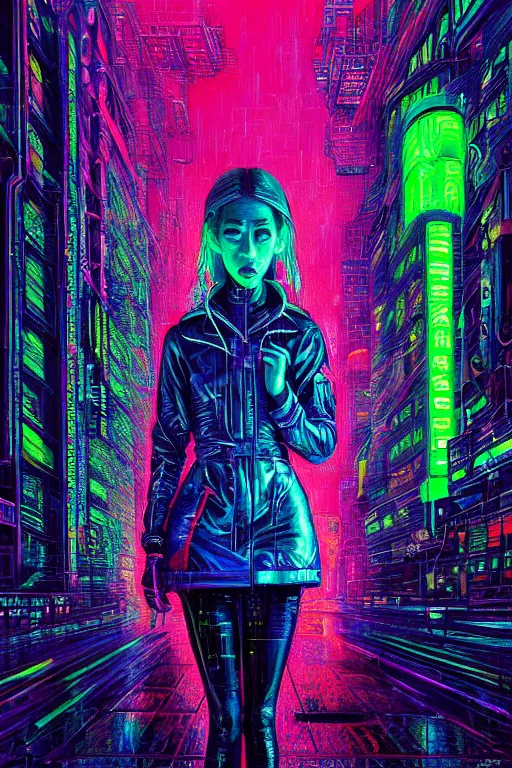 Prompt: dreamy cyberpunk girl, neon rain coat, detailed acrylic, intricate complexity, by dan mumford and by alberto giacometti, peter lindbergh