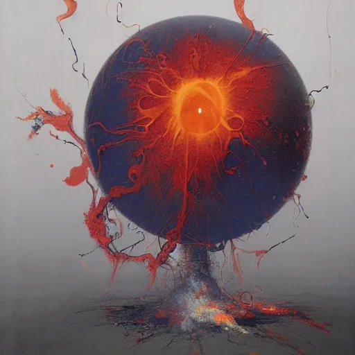 Image similar to a sphere being devoured by abstract splatters of paint in the style of francis bacon, venus being engulfed in flames in the style of james jean, surreal, beksinski, high detailed