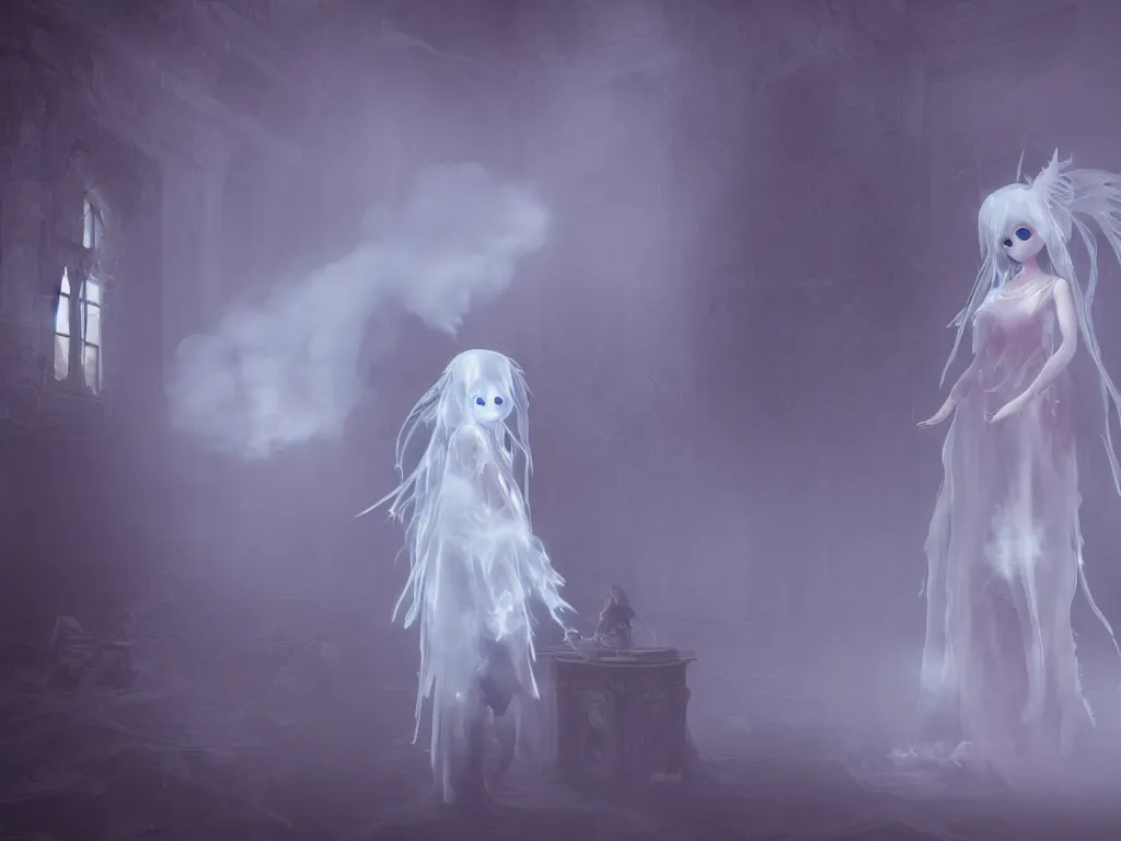 Prompt: cute fumo plush gothic angel maiden girl ghost wraith making an apparition in an abandoned watchtower, wisps of smoke and glowing volumetric fog, vignette, orthographic, vray