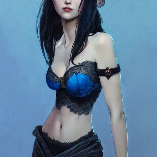 Prompt: portrait of cassandra cain wearing lacy bra, blue hair, attractive, casual, modern, victoria's secret, highly detailed, digital painting, artstation, concept art, smooth, sharp focus, illustration, art by artgerm, greg rutkowski and alphonse mucha