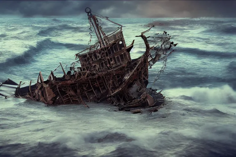 Image similar to pirate ship wreckage beached, in a storm, in the style of vernon grant and chris van allsburg, trending on artstation, bright tilt - shift camcorder effect, photoshop, retrowave, hyperrealism,