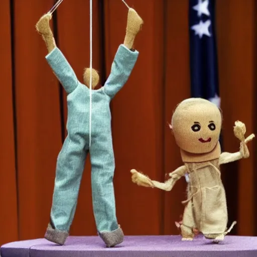 Image similar to puppet show of a string marionette of a president in a podium