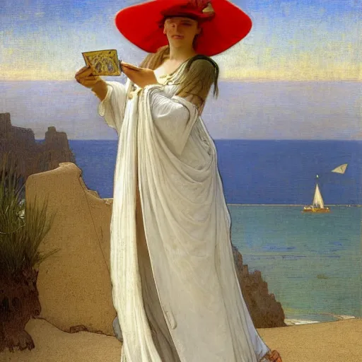 Prompt: An angel with jester hat and clothes on a greek circle archi on the front of a Balustrade with a beach and a sail boat on the background, major arcana cards, by paul delaroche, alphonse mucha and daniel garber daniel garber hyperrealistic 8k, very detailed