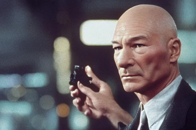 Image similar to film still, patrick stewart playing detective in blade runner, 8 k