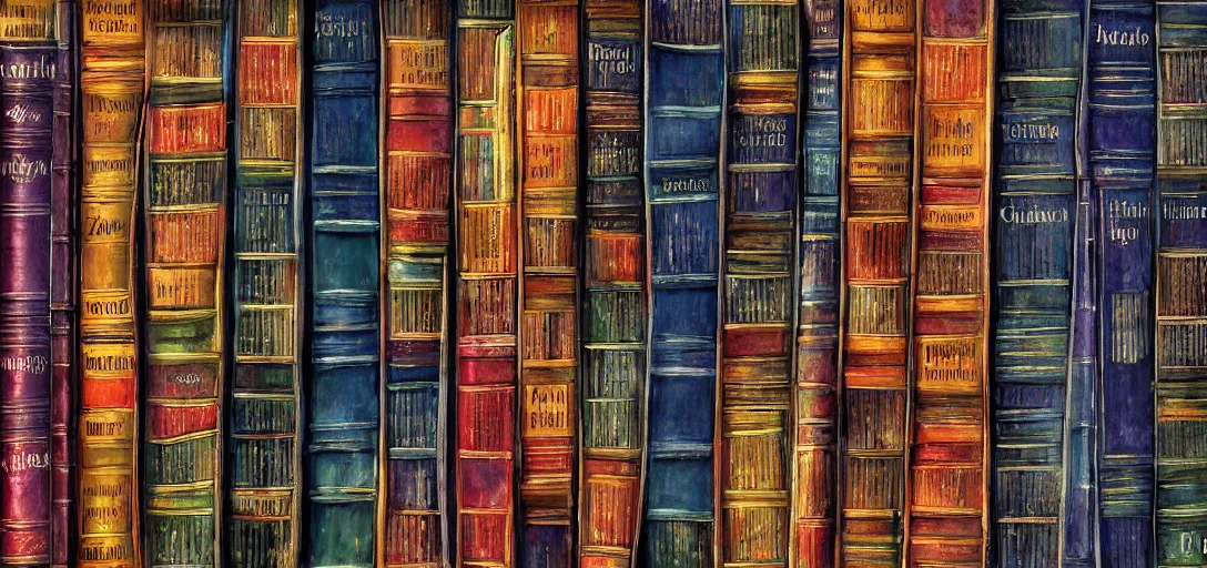 Image similar to a zoomed in photograph of a bookshelf, books with intricate bindings, colorful, photorealistic digital art
