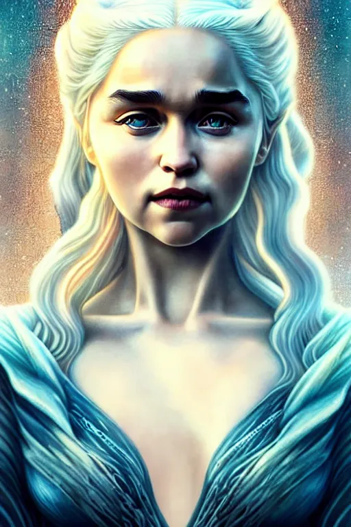 Image similar to beautiful daenerys targaryen ( khaleesi ) portrait, art deco, fantasy, intricate art deco dragon designs, elegant, highly detailed fractals, sharp focus, game of thrones art by artgerm and beeple and greg rutkowski and wlop