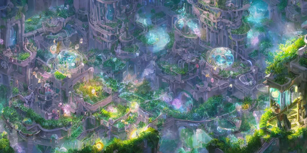 Image similar to a utopian city, filled with fauna, with bubbles floating around everywhere, building cover with plant, dynamic lighting, fantasy concept art, trending on art station, stunning visuals, creative, cinematic, ultra detailed