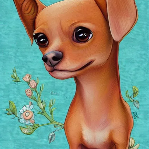 Image similar to a jeremiah ketner illustration of an adorable and cute tan chihuahua/dachshund mix