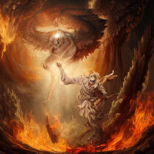 Image similar to A epic and beautiful rococo painting of a angelic werewolf inside a burning cathedral. demon slayer style. ultra-detailed. Anime, pixiv, UHD 8K CryEngine, octane render