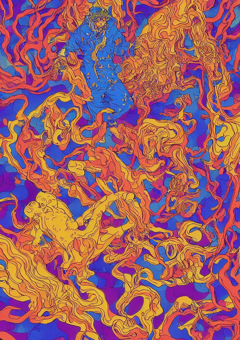 Prompt: man licks a tab of LSD acid on his tongue and experiences psychedelic hallucinations, by kawase hasui, moebius, colorful flat surreal design, hd, 8k, artstation