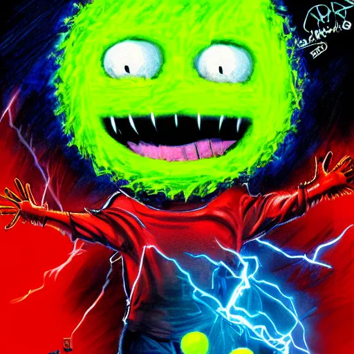 Image similar to a eminem slim shady tennis ball monster, tennis ball, lightning, chalk, digital art, fantasy, magic, trending on artstation, ultra detailed, professional illustration by Basil Gogos