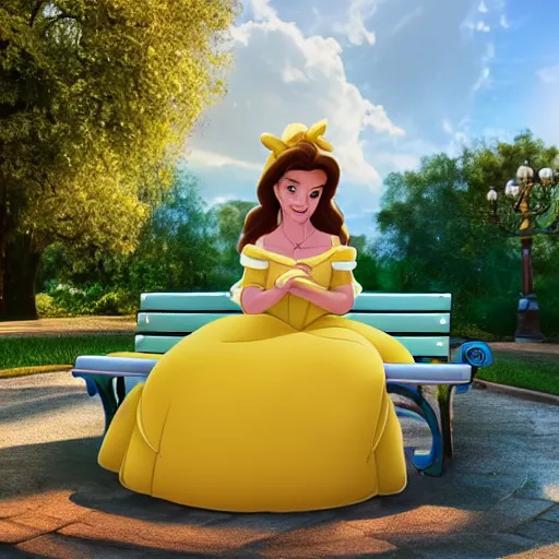 Prompt: Belle from Disney's Beauty and the Beast playing with an iPhone while sitting on a bench in a park. She has on a white summer dress with yellow accents and a blue ribbon in her hair.