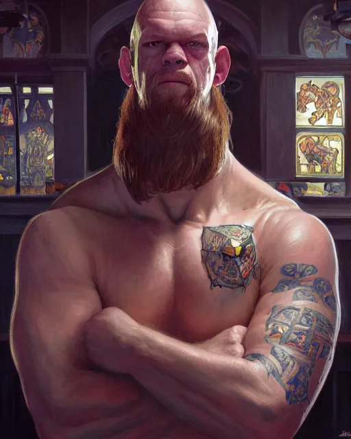 Image similar to symmetry!! portrait of wrestler undertaker fighting in an english pub, dnd, intricate, elegant, highly detailed, digital painting, artstation, concept art, smooth, sharp focus, illustration, art by artgerm and greg rutkowski and alphonse mucha