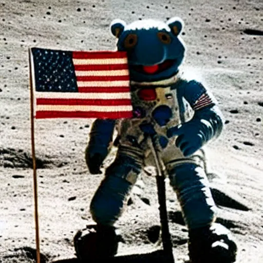 Image similar to old photo of a muppet on the moon, ( ( usa flag ) ), next to moon lander