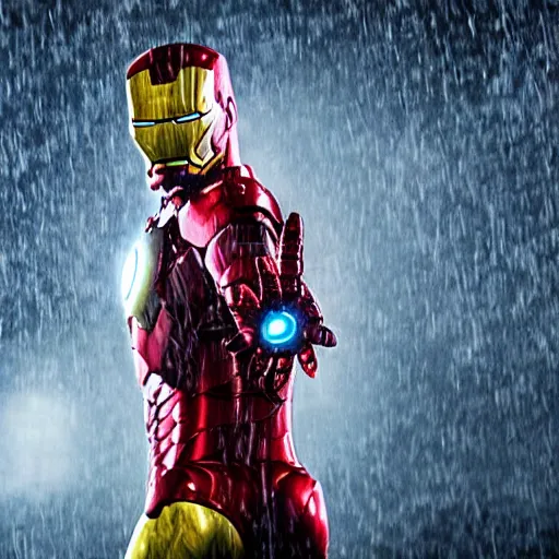 Image similar to jurgen klopp as iron man, unmasked, movie still, cinematic, photorealistic, extreme detail, sharp focus, 8 k, rain, close up, anamorphic lens, lighting, dark