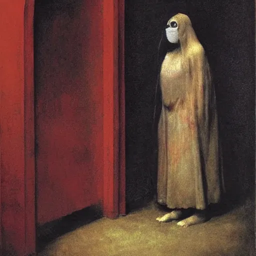 Prompt: masque of the red death, by Odd Nerdrum, by Francisco Goya, !dream there's a devil hiding behind your door, by Francis Bacon, beautiful, eerie, surreal, colorful