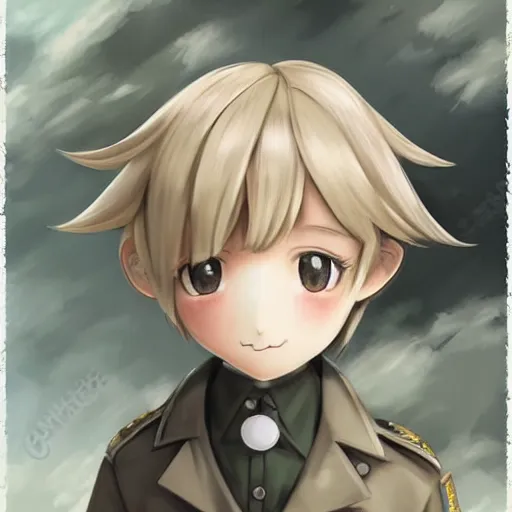 Image similar to beautiful little blonde boy in nazi uniform. made in abyss art style, inspired by kris from deltarrune, cute detailed artwork, anatomically correct, soft details, ilya kuvshinov, reflection, perfect composition, portrait, illumination, digital art, detailed anime soft face, symmetrical face, western comic, illustration, realistic, sadistic face