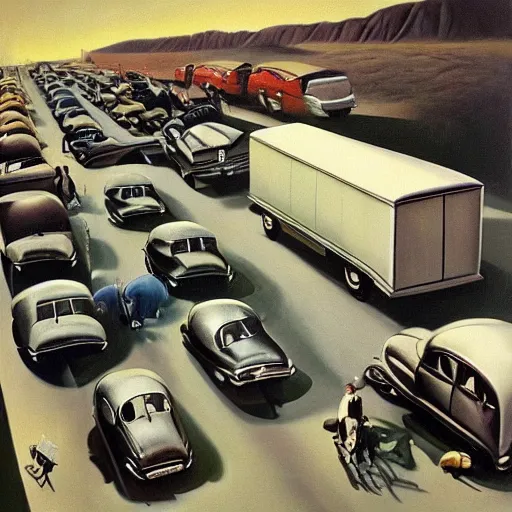 Image similar to a beautiful surrealist painting depicting being stuck in traffic. oil on canvas, 1 9 4 0. trending, high quality, high resolution, detailed