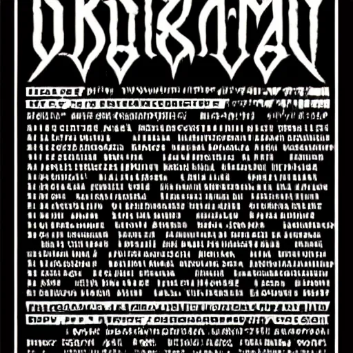 Prompt: black metal concert flyer, black metal logos, unreadable, poster, 3 band lineup