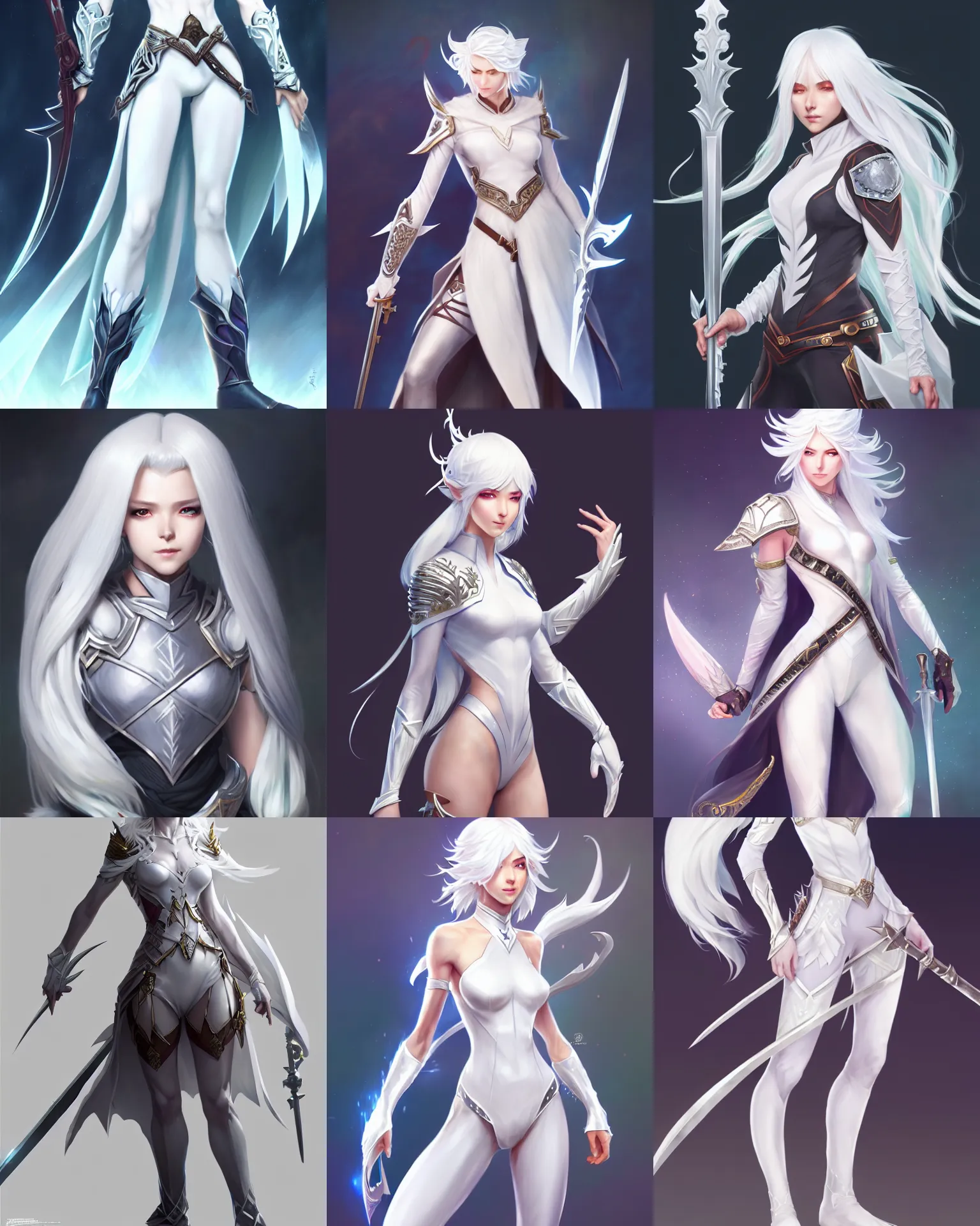 Prompt: full body character concept art of a gorgeous white haired fantasy ranger | | distinct - fine, key visual, realistic shaded perfect face, fine details by stanley artgerm lau, wlop, rossdraws, james jean, andrei riabovitchev, marc simonetti, sakimichan, and jakub rebelka, trending on artstation