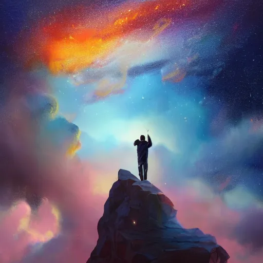 Image similar to energetic man in business suet walk on milky way, acrilic paint, digital, artstation, detailed intricate ink illustration, heavenly atmosphere, digital art, overdetailed art, concept art, complementing colors, trending on artstation, cgstudio, the most beautiful image ever created, dramatic, subtle, details, award winning artwork, beautiful scenery